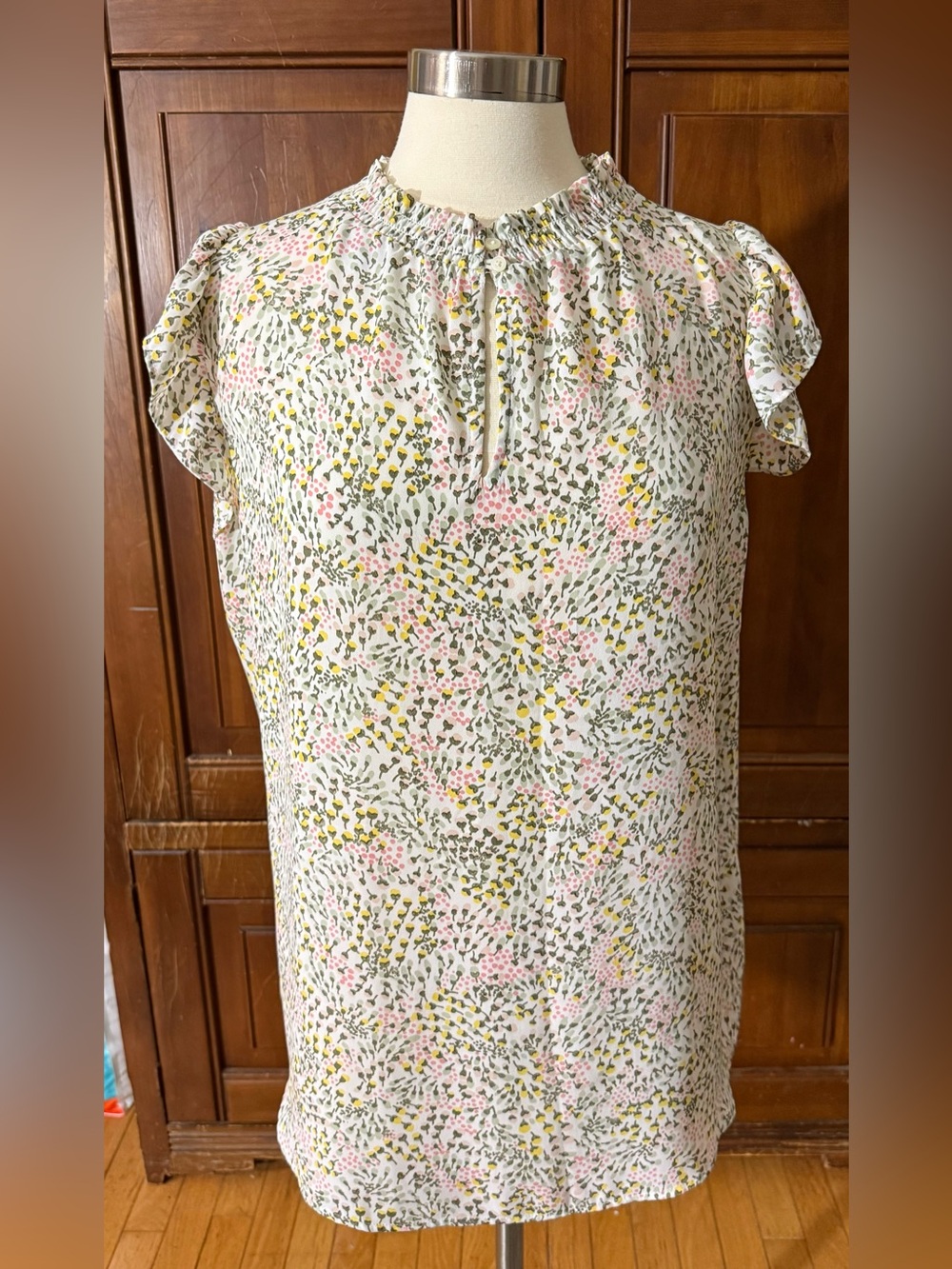 LOFT Floral Smocked-Neck Blouse in White, Pink & Yellow